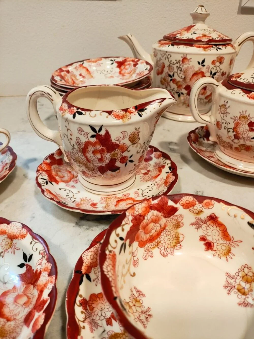 MORIYAMA MORI-MACHI JAPAN Antique China Tea Set Red Lotus
